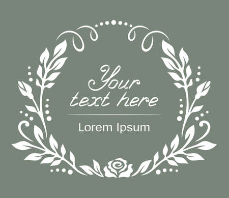 White frame with a floral pattern of leaves and flowers (rosebuds) on a gray-green background. Template for a postcard, congratulations or wedding invitation. Place for your text. Vector illustration.のイラスト素材