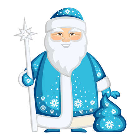 Father Frost in a blue fur coat with snowflakes. In hands he holds a staff with a star and a bag of gifts. Cute cartoon character on a white background. Vector illustration for New Year and Christmas.のイラスト素材
