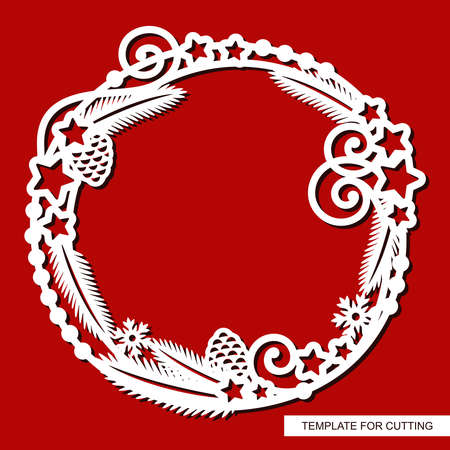 Cute round Christmas frame. Decoration of fir branches, cones, stars, garlands, snowflakes. New Year's theme. Vector template for plotter laser cutting (cnc) of paperのイラスト素材
