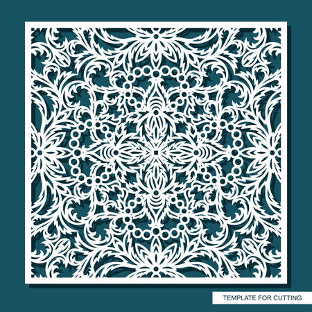 Square panel with delicate lace pattern. Floral oriental ornament of leaves, curls. Template for plotter laser cutting of paper, cardboard, plywood, wood carving, metal engraving, cnc. Vector image.のイラスト素材