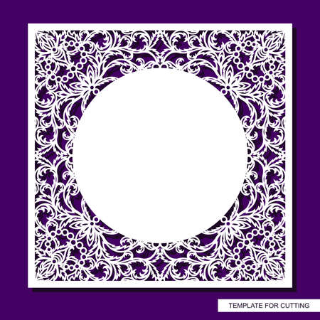 Beautiful square frame with lace border and place for text. Openwork floral pattern from leaves. Blank for cards, wedding invitations, certificates. Template for plotter laser cutting (cnc). Vector.のイラスト素材