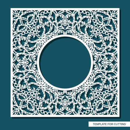 Square frame with a round hole. Openwork lace pattern, oriental floral ornament of leaves, curls. Template for plotter laser cutting (cnc) of paper, cardboard, plywood, wood carving, metal engraving.のイラスト素材