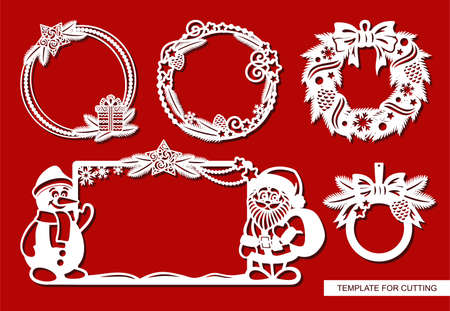 Set of Christmas frames. Decoration of fir branches, cones, garlands, bows, balls, stars, with a snowman and Santa Claus.のイラスト素材