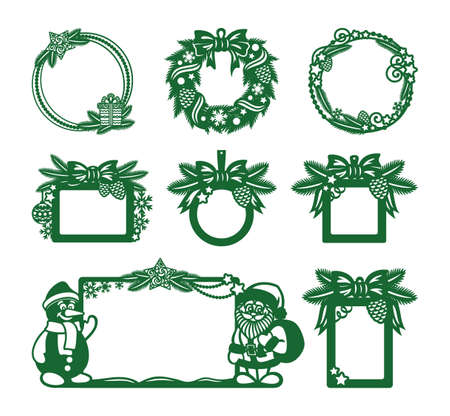 Big set of Christmas frames of different shapes (round, square, rectangular, hanging). Decoration of fir branches, cones, garlands, bows, balls, stars, with a snowman, Santa Claus. Vector illustrationのイラスト素材