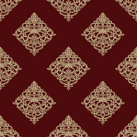 Maroon seamless background with golden classic pattern. Square endless texture with elegant floral ornament rhombus-shaped. Template for wallpaper, textile, web, wrapping paper. Vector illustration.のイラスト素材