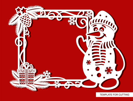 Funny Christmas frame with cartoon snowman. Square border with fir branches, pine cone, serpentine, gift, snowflakes. New Year theme.のイラスト素材