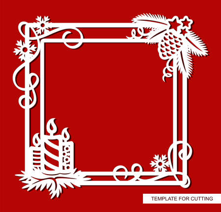 Beautiful Christmas frame with candles. Square border with fir branches, pine cone, serpentine, stars, snowflakes. New Year theme. Vector template for laser cutting paper, wood carving, metal, cnc.のイラスト素材