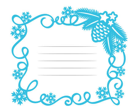 Blue Christmas frame with lines for text. Rectangular border made of serpentine, snowflakes, spruce branch, cones, stars. Vector.のイラスト素材