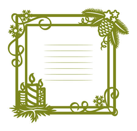 Blank for a Christmas card. Square green frame decorated with Christmas tree branches, cones, three candles, serpentine, snowflakes, stars. Lines for text. New Year's theme. Vector illustration.のイラスト素材
