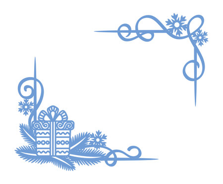Blue Christmas frame corners isolated on white background. Place for text in the center (copy space). Lines, serpentine curls, snowflakes, fir branches, gift box. Winter New Year theme. Vector image.のイラスト素材