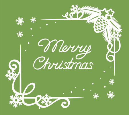 Greeting card with text Merry Christmas. Simple laconic flat design. White frame and beautiful inscription on a green background. Corner pattern, snowflakes, fir branches, pine cone, stars. Vector.のイラスト素材