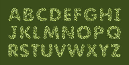 Alphabet letters with a pattern of leaves. Plants theme. Openwork botanical logo, sign, icon for natural, eco products. Summer or spring font. Yellow objects on a green background. Vector illustrationのイラスト素材