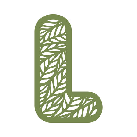 Letter L with a pattern of leaves. Green object on a white background. Plants theme. Openwork botanical logo, sign, icon for natural, eco products. Summer or spring alphabet, font. Vector illustrationのイラスト素材