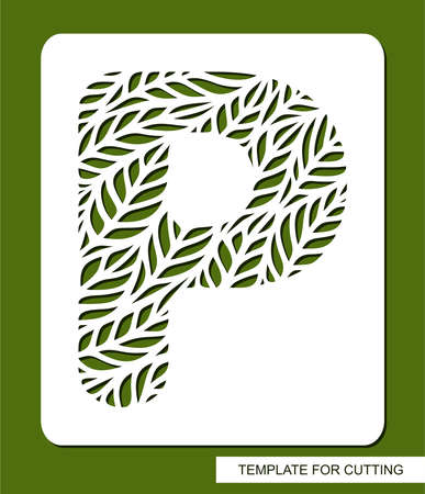 Stencil with the letter P made from leaves. Eco sign, icon, logo for organic, natural products. Plants theme. Template for plotter laser cutting of paper, cardboard, plastic, cnc. Vector illustration.のイラスト素材