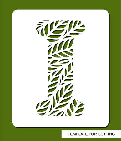 Stencil with the letter I made from leaves. Eco sign, icon, logo for organic, natural products. Plants theme. Template for plotter laser cutting of paper, cardboard, plastic, cnc. Vector illustration.のイラスト素材