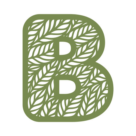 Letter B with a pattern of leaves. Green object on a white background. Plants theme. Openwork botanical logo, sign, icon for natural, eco products. Summer or spring alphabet, font. Vector illustrationのイラスト素材