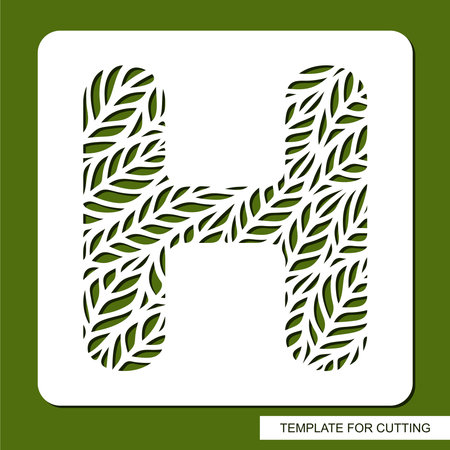 Stencil with the letter H made from leaves. Eco sign, icon, logo for organic, natural products. Plants theme. Template for plotter laser cutting of paper, cardboard, plastic, cnc. Vector illustration.のイラスト素材