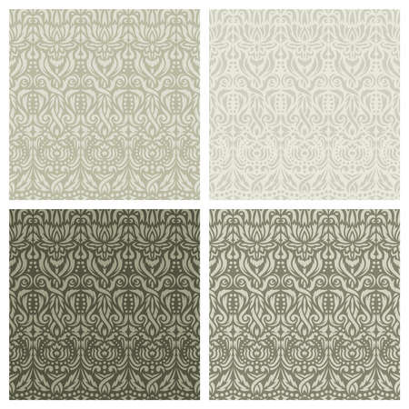 Set of square seamless patterns with classic floral designs. Abstract plants, flowers, leaves, curls. Light gray, brown, beige colors. Endlessly repeating texture for wallpapers, backgrounds, textilesのイラスト素材