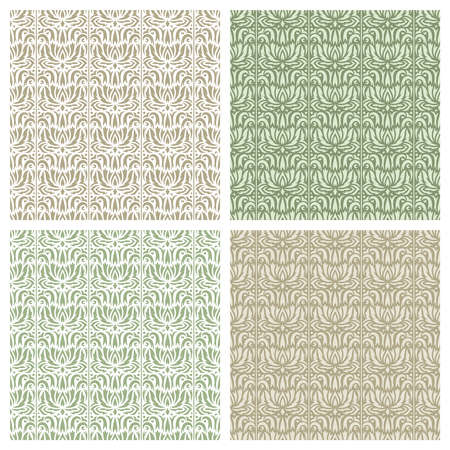 Set of square seamless patterns with classic floral designs. Abstract flowers, leaves, curls, lines. Light brown, gold, beige, green colors. An endlessly repeating texture for wallpapers, backgrounds.のイラスト素材