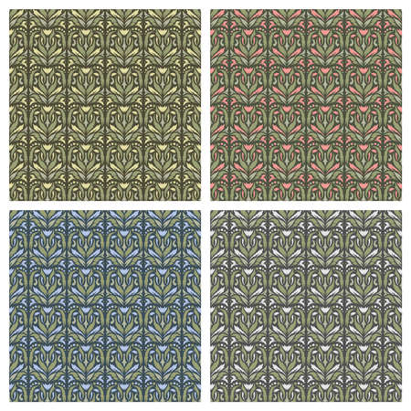 Set of seamless patterns with floral geometric ornament. Pink, blue, gray, yellow flowers, green leaves on a dark background. Repeating texture for fabrics, wallpapers, textiles. Vector illustration.のイラスト素材