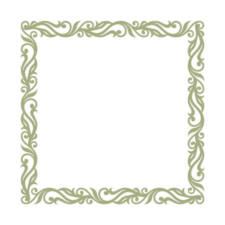 Square frame for photo, painting, text. Elegant floral ornament of leaves and curls. Square blank template for certificate, wedding invitation, birthday. Classic vintage pattern. Vector illustration.のイラスト素材
