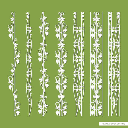 Border with a pattern of grapes. Bunches of berries, openwork leaves and curls on the vine. Plants theme. Endless texture for laser plotter cutting of paper, cardboard, plywood, metal, wood. Vector.のイラスト素材