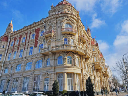 Rostov-on-Don City Council, Russia. Beautiful old architectural building. Architect Pomerantsev. Eclectic and Baroque style. Decorated with domes, stucco molding, decorative elements. Horizontal photoのeditorial素材