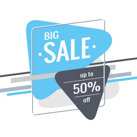 Discount banner template. Text Sale, up to 50% off. Light blue, gray triangles and stripes on a white background. Special offer, promotion, advertising design. Flat style. Vector illustration.のイラスト素材