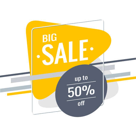 Discount banner design. Template with text Big Sale, up to 50% off. Yellow triangular spot, gray stripes on a white background. Special offer, promotion, advertising. Flat style. Vector illustration.のイラスト素材