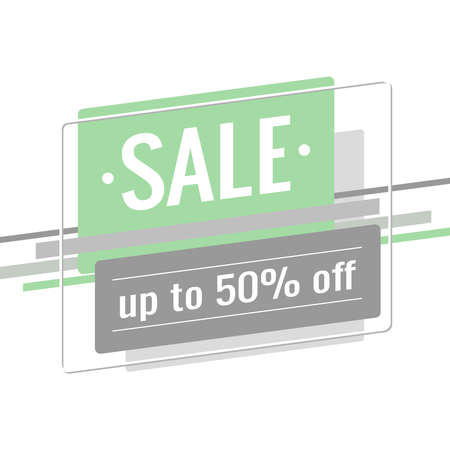 Discount banner template. Text Sale, up to 50% off. Light green, gray rectangles and stripes on a white background. Special offer, promotion, advertising design. Flat style. Vector illustration.のイラスト素材