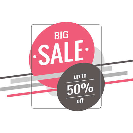 Discount banner template. Text Big Sale, up to 50% off. Pink, gray ovals, circles and stripes on a white background. Special offer, promotion, web, advertising design. Flat style. Vector illustration.のイラスト素材