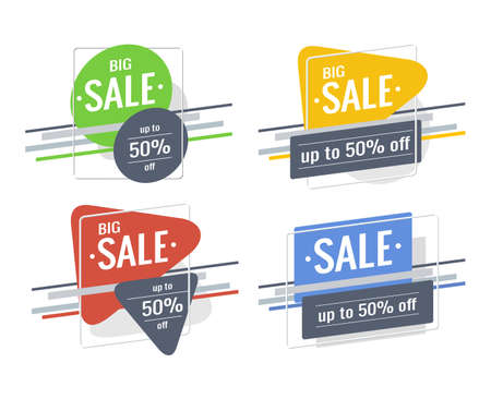Discount banner set. Text Big Sale, up to 50% off. Bright green, yellow, red, blue colors. Rectangles, triangles, circles, stripes on a white background. Special offer, promotion, advertising design.のイラスト素材