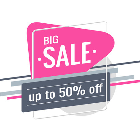 Discount banner design. Template with text: Big Sale, up to 50% off. Pink triangular spot, gray stripes on a white background. Special offer, promotion and advertising. Flat style. Vector illustrationのイラスト素材