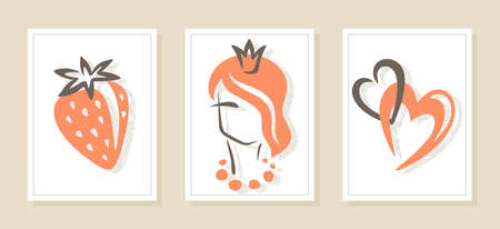Set of three posters with a simple lines and pictures. Strawberry with a leaf, a cute girl in a crown, intertwining hearts. Orange and brown colored elements on white background. Vector illustration.のイラスト素材