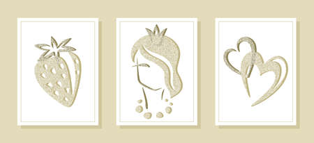 Set of three posters with a simple lines and pictures. Strawberry with a leaf, a girl in a crown, intertwining hearts. Mesh texture on top. Soft gold, beige and light brown colors. Vector illustrationのイラスト素材