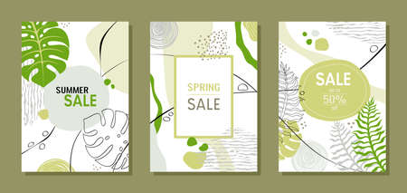 Set of three rectangular banners. Text spring, summer sale, discounts up to 50 percent. Natural green, beige colors. Monstera leaves, abstract spots, lines, dots. Plants theme. Vector illustration.のイラスト素材