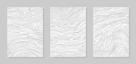 Set of three abstract paintings. Black thin wavy stripes on a white background. Interior decoration, cover of brochure, booklet, flyer. Simple style, contemporary art, minimalism. Vector illustration.のイラスト素材