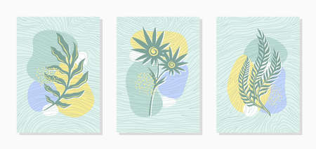 Set of three abstract paintings. Plants theme. Striped background texture, yellow, blue, green spots, leaves and twigs. Simple style, minimalism. Wall pictures for interior decoration, brochure cover.のイラスト素材