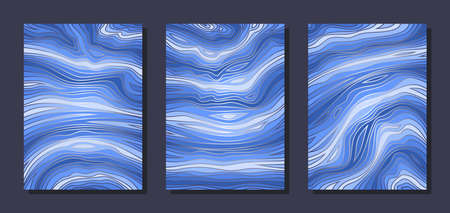 Set of three abstract paintings in blue tones. Wavy lines, curls, imitation of water, sea, ocean, waves, marble. Bright colors, dark and light blue stripes. Interior decoration, cover of brochure.のイラスト素材