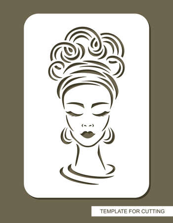 Stencil with the face of a beautiful girl. The head of a woman with a high curly hairstyle, closed eyes, long eyelashes.のイラスト素材