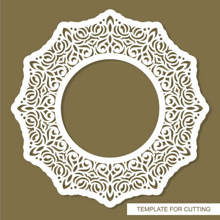 Round photo frame. Border, pattern, floral ornament, oriental decoration. Layout for plotter laser cutting of paper, cardboard, plastic, cnc, scrapbooking, wood carving, metal engraving. Vector image.のイラスト素材