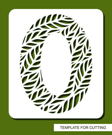 Stencil with the number zero - 0. Carved floral pattern of leaves, twigs. Eco sign, number, oval symbol. Plant, environment theme. Template for laser plotter cutting of paper, cardboard, plastic, cnc.のイラスト素材