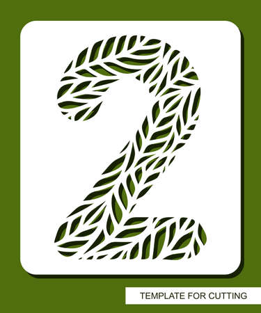 Stencil with the number two - 2. Carved floral pattern of leaves, twigs. Eco sign, number, oval symbol. Plant, environment theme. Template for laser plotter cutting of paper, cardboard, plastic, cnc.のイラスト素材