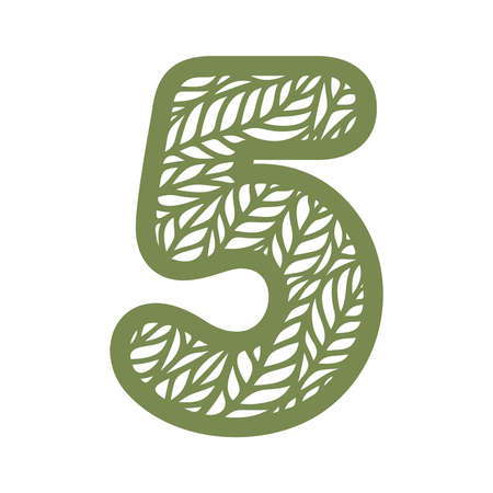 Number 5 (five) with leaf pattern. Spring or summer font with floral ornaments.のイラスト素材