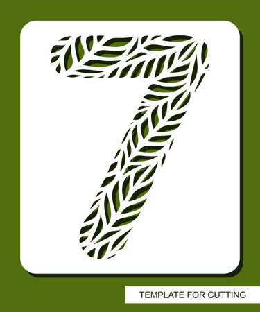 Stencil with the number seven - 7. Carved floral pattern of leaves, twigs. Eco sign, number, oval symbol. Plant, environment theme. Template for laser plotter cutting of paper, cardboard, plastic, cncのイラスト素材