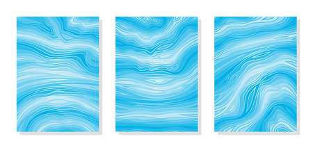 Set of three abstract paintings in blue tones. Wavy lines, curls, imitation of water, sea, ocean, waves, marble. Bright colors, dark and light blue stripes. Interior decoration, cover of brochure.のイラスト素材