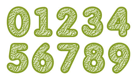 Set of numbers with leaf pattern. Spring or summer font with floral ornaments.のイラスト素材