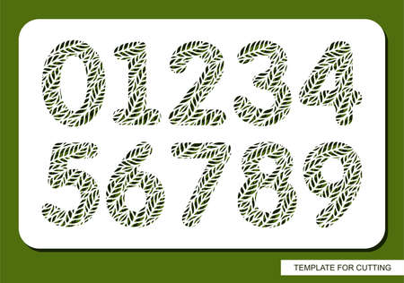 Stencil with all numbers. Carved floral pattern of leaves, twigs. Eco sign - 1 (one), 2 (two), 3 (three), 4 (four), 5 (five), 6 (six), 7 (seven), 8 (eight), 9 (nine), 0 ( zero). Template for laser cut.のイラスト素材