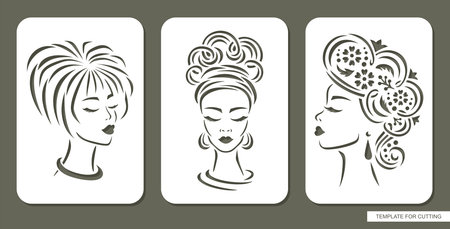 Set of stencils with women faces. Carved panels with beautiful girls heads, full face, profile. Different hairstyles. Vector layout for plotter laser cutting of paper, cardboard, plastic, plywood, cncのイラスト素材