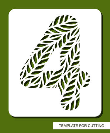 Stencil with the number four - 4. Carved floral pattern of leaves, twigs. Eco sign, number, oval symbol. Plant, environment theme. Template for laser plotter cutting of paper, cardboard, plastic, cnc.のイラスト素材